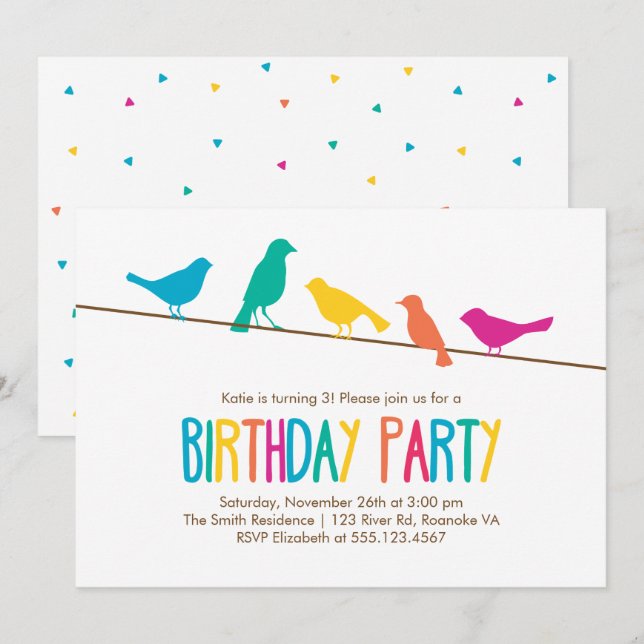 Invitation Oiseaux colorés Fête d'anniversaire (Devant / Derrière)