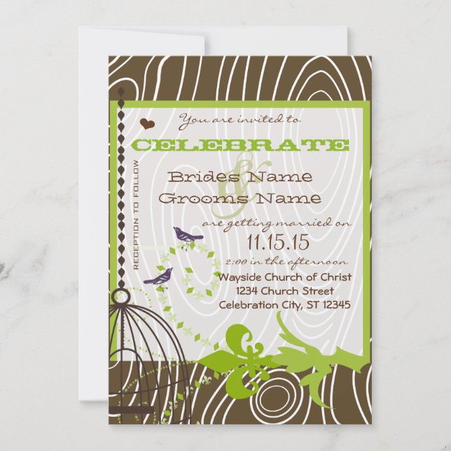 Invitation Oiseaux d'amour Grain de Bois Brun Bordures Vert P (Devant)