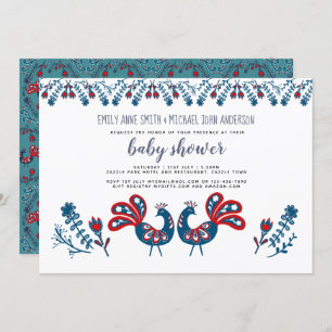 Invitation Oiseaux d'art populaire scandinave BABY SHOWER ble