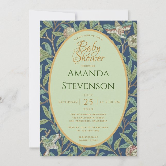 Invitation Oiseaux de Baby Shower Grenade Feuilles Vertes Mor (Devant)