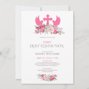Invitation Oiseaux de fleurs roses et croix Première communio