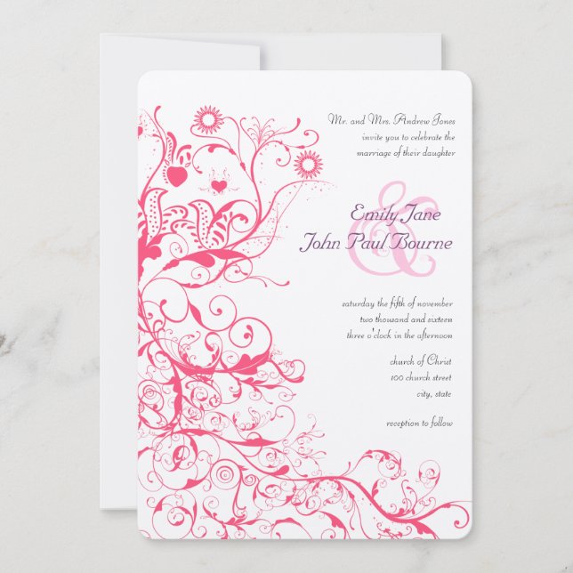 Invitation Oiseaux de framboise rose tourbillons Mariage invi (Devant)
