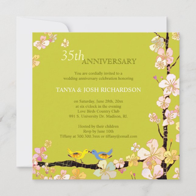 Invitation Oiseaux de l'amour de printemps 35e anniversaire d (Devant)