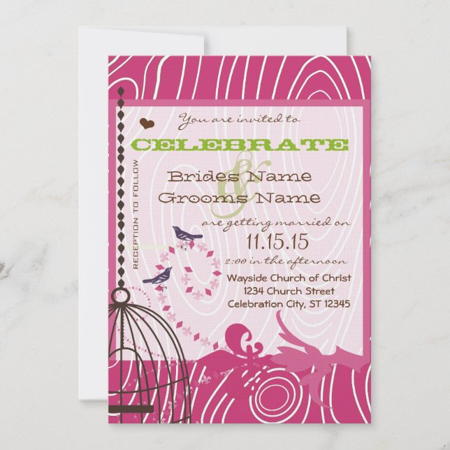 Invitation Oiseaux de l'amour rose et brun grain de bois Appl (Devant)