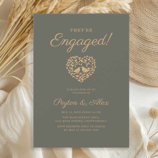 Invitation Oiseaux de l'amour vert olive Coeur Fête de fiança (Dark sage/olive green and gold "love birds" wedding engagement party invitation)