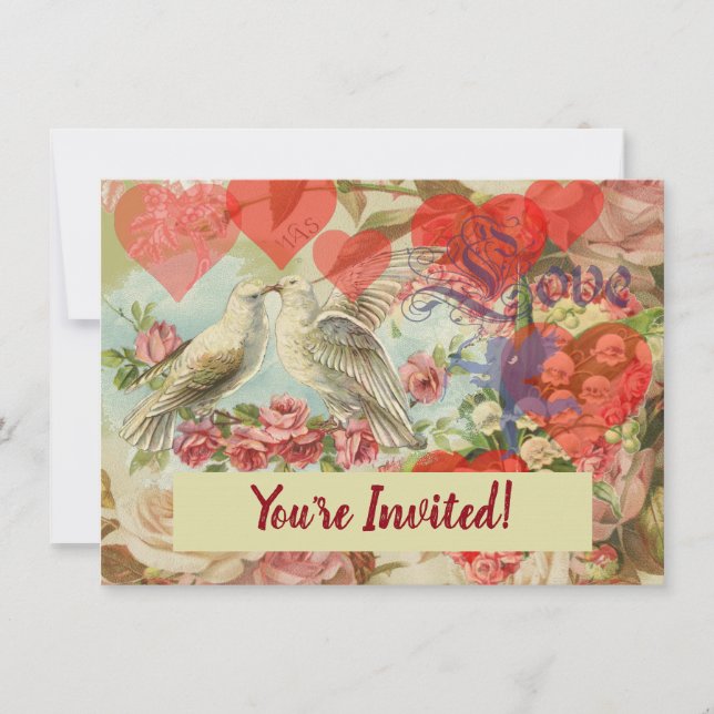 Invitation Oiseaux de l'amour Vintage Antique Cœur (Devant)