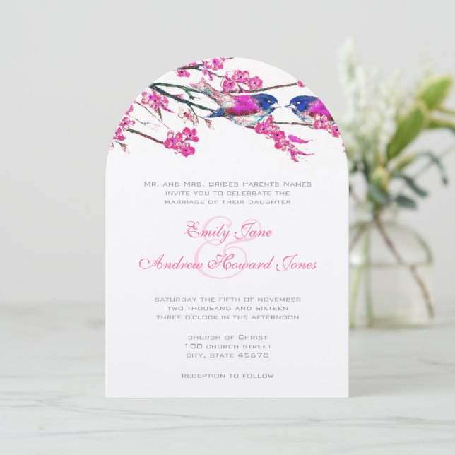 Invitation Oiseaux de l'amour vintage bleu marine et fleurs d (Debout devant)