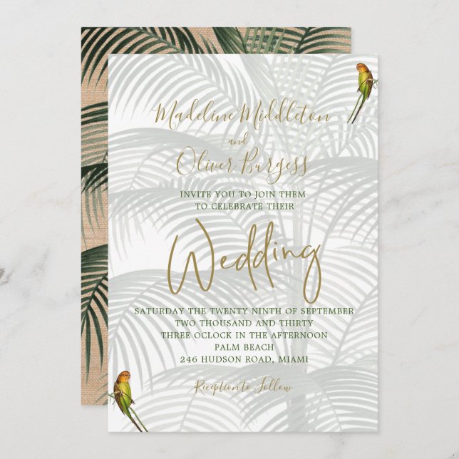 Invitation Oiseaux de palme tropicaux Élégant Mariage d'or ru (Devant / Derrière)