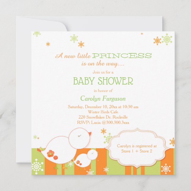 Invitation Oiseaux d'hiver Bébé Baby shower fille (Devant)
