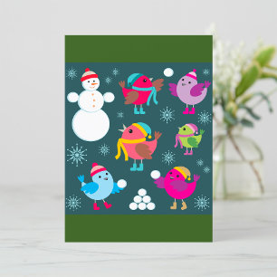 Invitation Oiseaux d'hiver jouant dans la neige avec un bonho