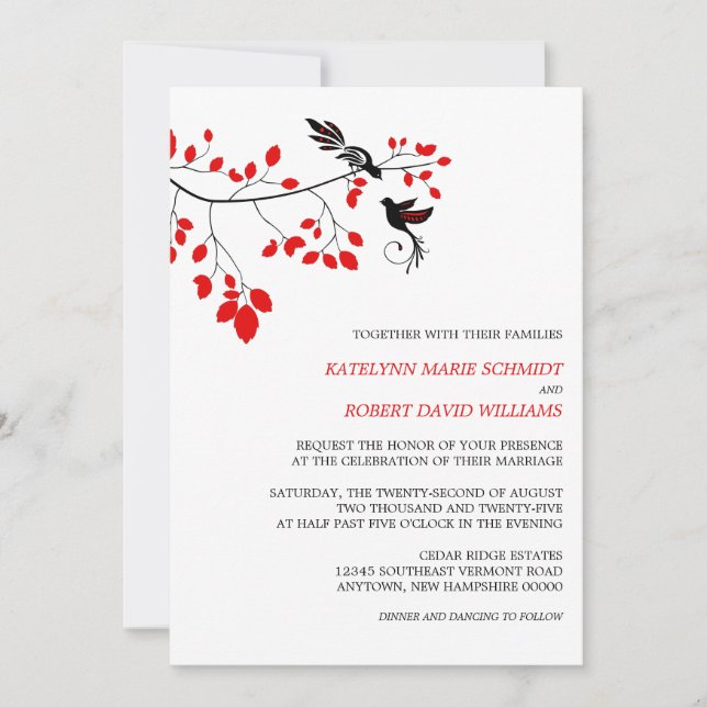 Invitation Oiseaux élégants sur une branche Mariage rouge et  (Devant)