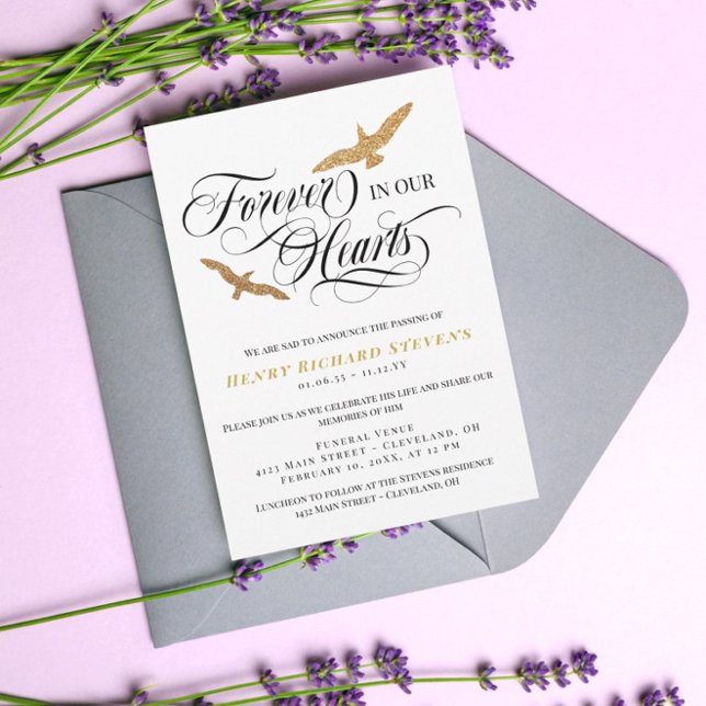 Invitation Oiseaux en faux or Forever dans nos cœurs Funérail (Créateur téléchargé)