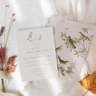 Invitation Oiseaux et beige romantique feuille   mariage rose