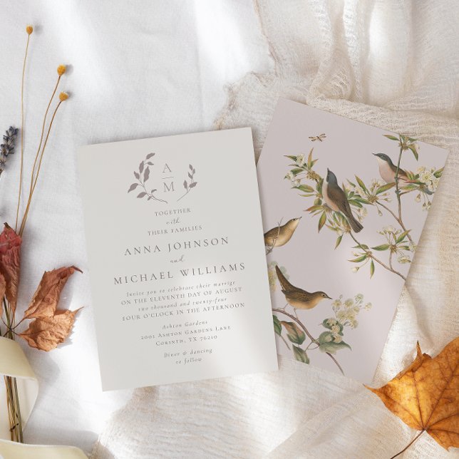 Invitation Oiseaux et beige romantique feuille | mariage rose (Créateur téléchargé)