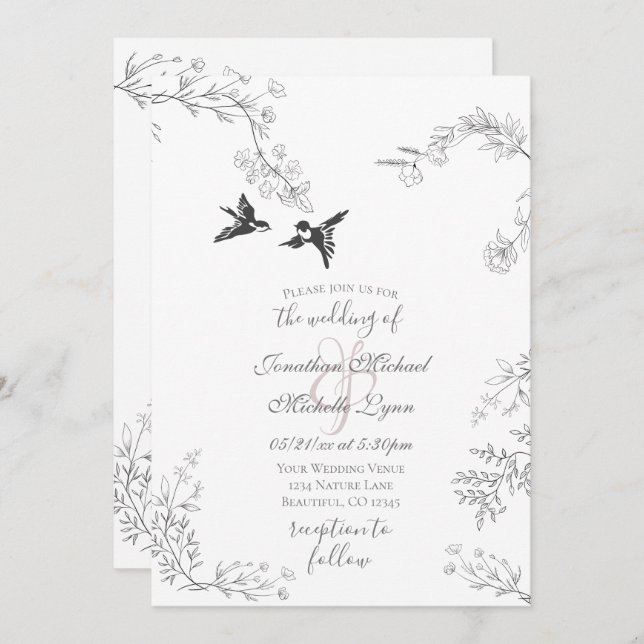 Invitation Oiseaux et Branches Joli jardin fleuri Mariage (Devant / Derrière)