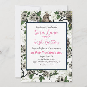 Invitation Oiseaux et fleurs de cerisier sur fond blanc