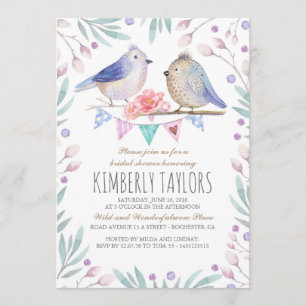 Invitation Oiseaux et fleurs roses Fête des mariées des bois