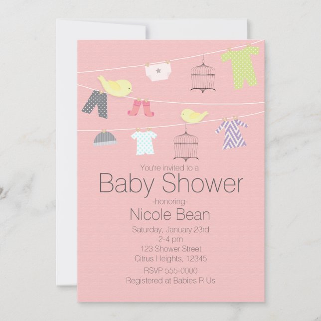 Invitation Oiseaux et vêtements sur fil Bébé Douche Invitatio (Devant)