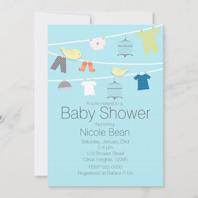 Invitation Oiseaux et vêtements sur fil Bébé Douche Invitatio (Devant)