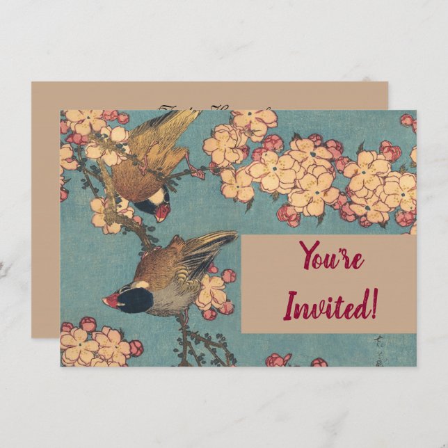 Invitation Oiseaux Fleurs Hokusai Art Japonais (Devant / Derrière)