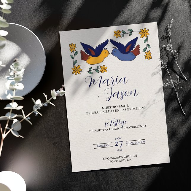 Invitation Oiseaux Floral Bleu Jaune Charmant Mariage Espagno (Birds Floral Blue Yellow Charming Spanish Wedding Invitation)