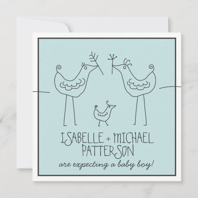 Invitation Oiseaux funky Famille Moderne Couples Bébé Garçon  (Devant)
