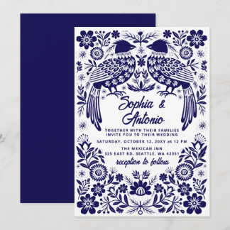 Invitation Oiseaux mexicains bleus Otomi Floral Fiesta Mariag