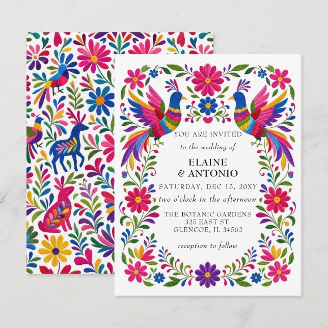 Invitation Oiseaux Mexicains Vibrants Otomi Fleurs Fiesta Mar (Devant / Derrière)
