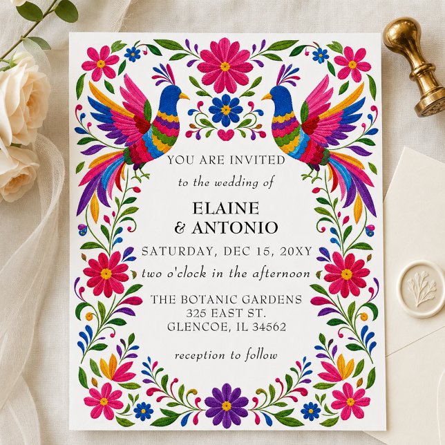 Invitation Oiseaux Mexicains Vibrants Otomi Fleurs Fiesta Mar (Vibrant Mexican Birds Otomi Floral Fiesta Wedding Invitation)