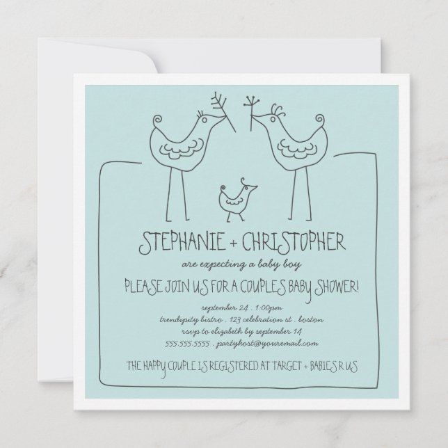 Invitation Oiseaux neutres Famille moderne Baby shower de gar (Devant)