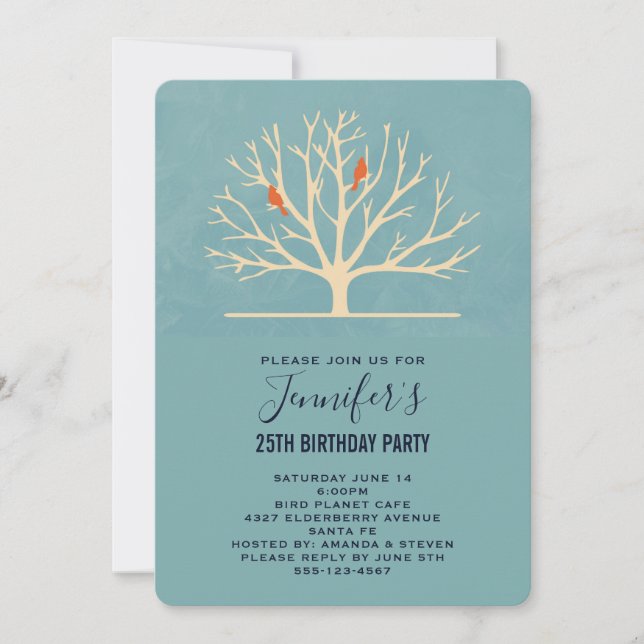 Invitation Oiseaux Orange Moderne dans un Grand Arbre d'Anniv (Devant)