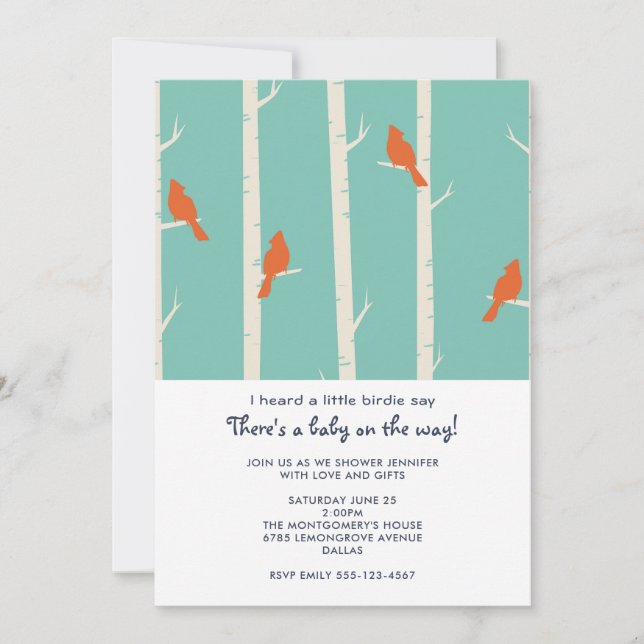 Invitation Oiseaux orange sur le Baby shower des bouleaux (Devant)