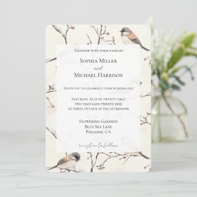 Invitation Oiseaux romantiques dans un mariage d'arbre (Debout devant)