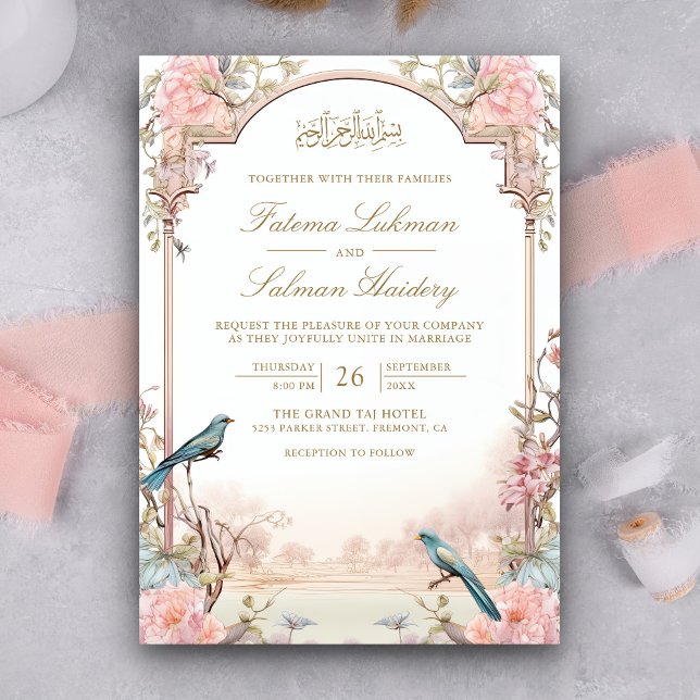 Invitation Oiseaux Romantiques Teint Rose Floral Mariage Musu (Créateur téléchargé)