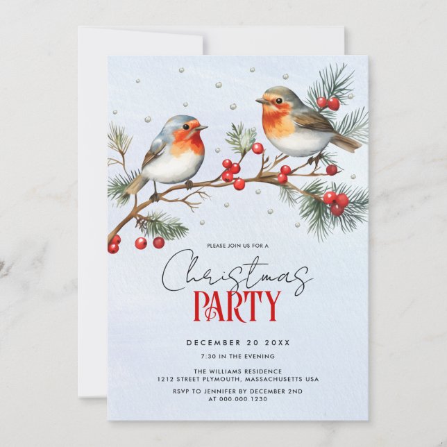 Invitation Oiseaux rouges, branche et baies Noël vacances (Devant)