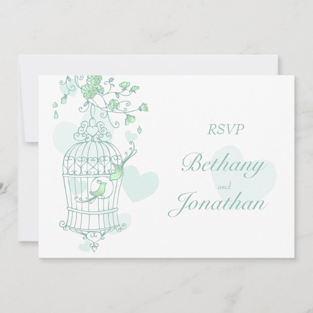 Invitation Oiseaux verts menthe ouvrent la cage mariage RSVP (Devant)
