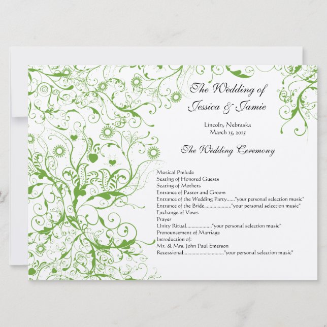 Invitation Oiseaux verts pomme tourbillonnent Ordre du servic (Devant)