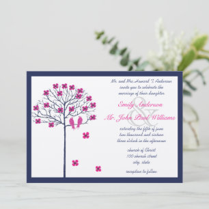 Invitation Oiseaux vintage bleus et roses sur un arbre en fle