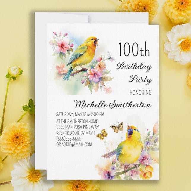 Invitation Oiseaux vintage Canaris Fleurs 100e Anniversaire (Créateur téléchargé)