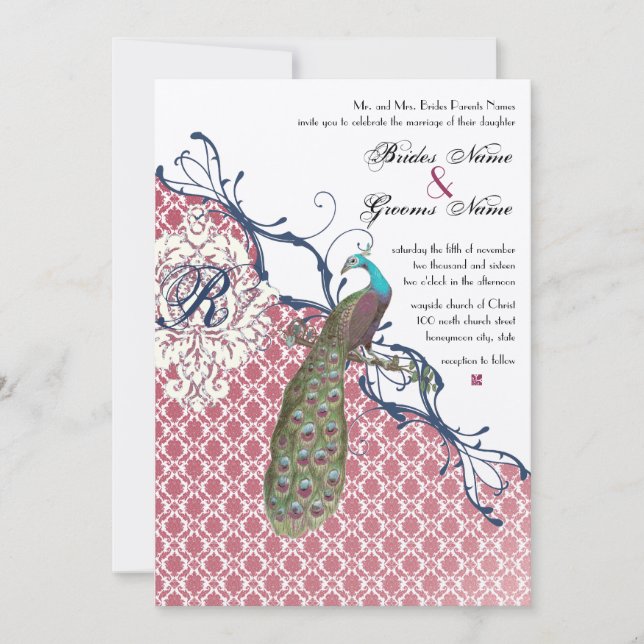 Invitation Oiseaux Vintage Navy Deep Raspberry Damask Mariage (Devant)