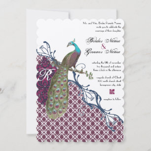 Invitation Oiseaux Vintage Navy Deep Raspberry Damask Mariage