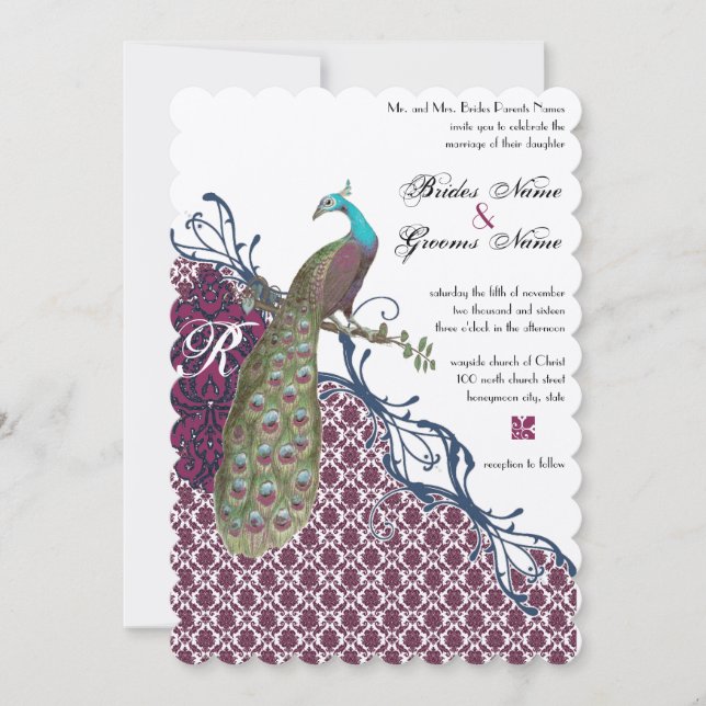 Invitation Oiseaux Vintage Navy Deep Raspberry Damask Mariage (Devant)