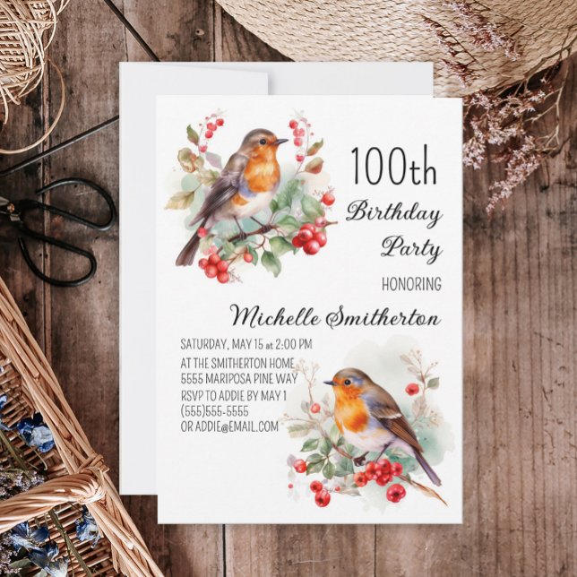 Invitation Oiseaux Vintage Robin Redbreast 100e Anniversaire (Créateur téléchargé)
