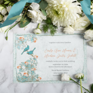 Invitation Oiseaux Vintage Turquoise et Orange Damassé Mariag