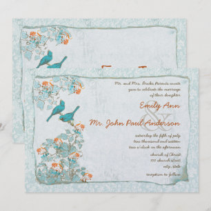 Invitation Oiseaux Vintage Turquoise et Orange Damassé Mariag