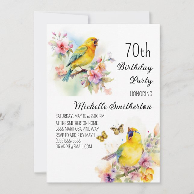 Invitation Oiseaux vintages Canaries Fleurs 70e anniversaire (Devant)