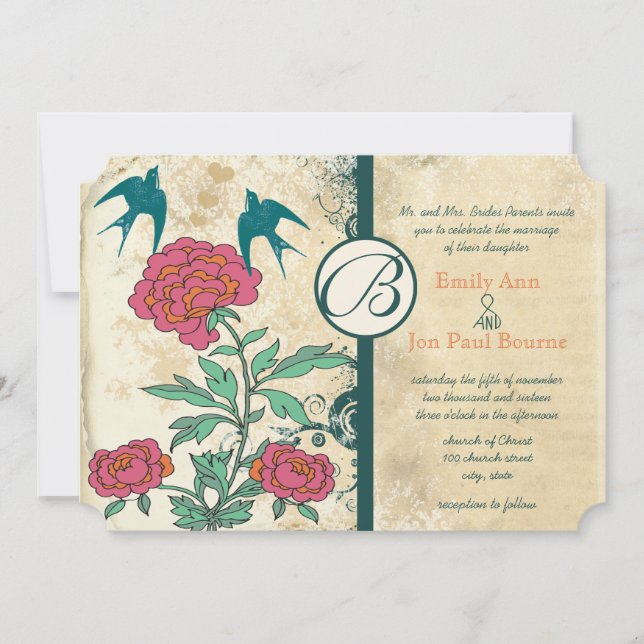 Invitation Oiseaux vintages Damask Chou Rose Mariage invite (Devant)