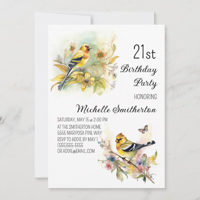 Invitation Oiseaux vintages Goldfinch Jaune 21e anniversaire (Devant)