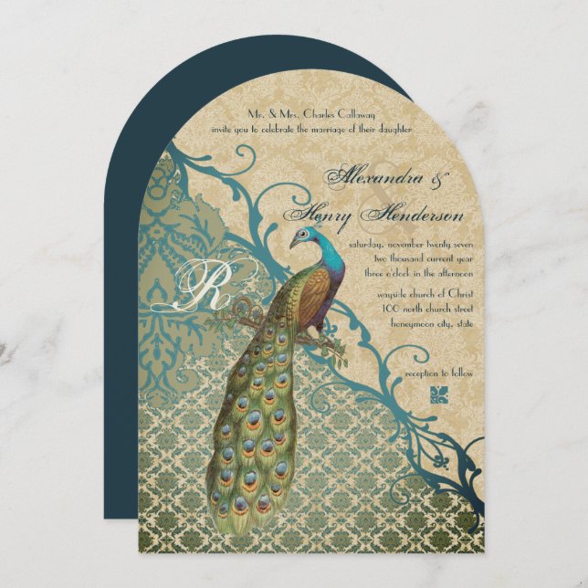 Invitation Oiseaux vintages Margarita Hawaiian Blue Damask (Devant / Derrière)