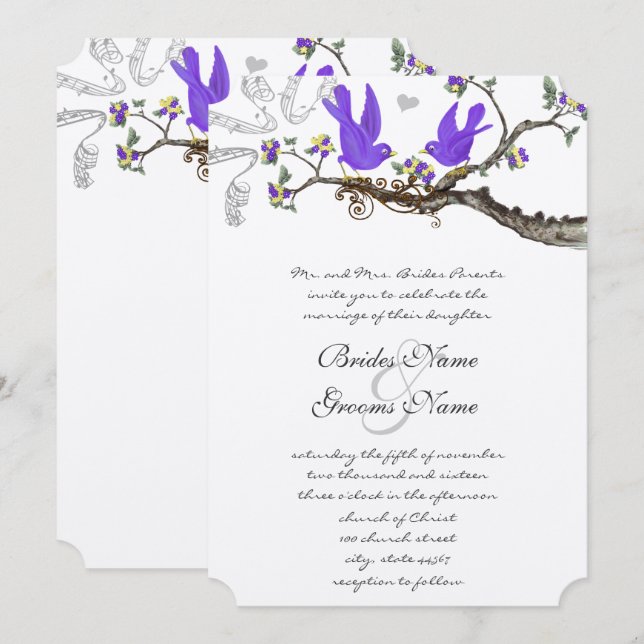 Invitation Oiseaux vintages Mariage jaune et violet Inviter (Devant / Derrière)